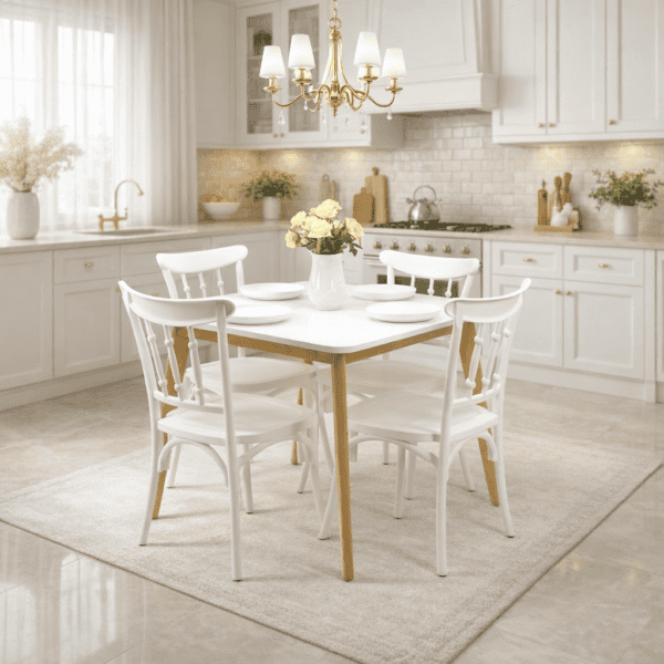 Salle à manger blanche avec table et quatre chaises en bois, installée dans une cuisine moderne lumineuse, décor élégante – Disponible en Tunisie.