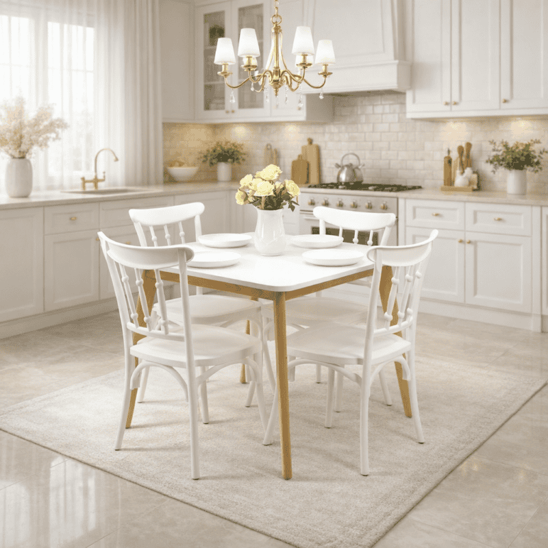 Salle à manger blanche avec table et quatre chaises en bois, installée dans une cuisine moderne lumineuse, décor élégante – Disponible en Tunisie.