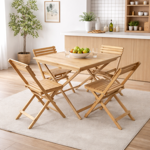 Table pliante en bois naturel avec quatre chaises assorties, intégrée dans un espace ouvert lumineux avec cuisine moderne