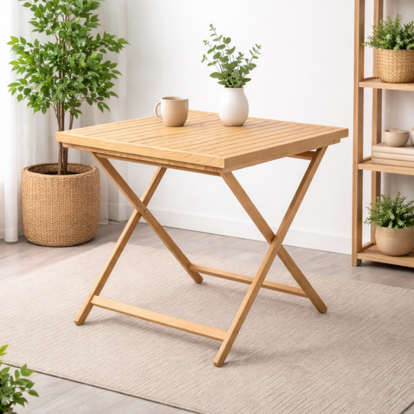 Table pliante carrée en bois naturel avec plateau à lattes et pieds croisés, présentée sur fond blanc épuré.