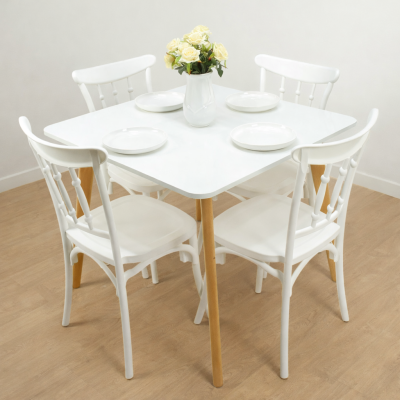 Table à manger blanche avec quatre chaises assorties et vase décoratif – Style moderne – Tunisie