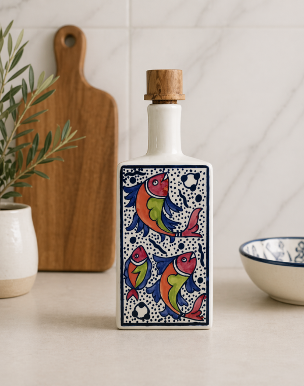 Bouteille en céramique blanche peinte à la main avec motif poissons colorés, hauteur 22 cm, idéale pour huile ou vinaigre en cuisine.