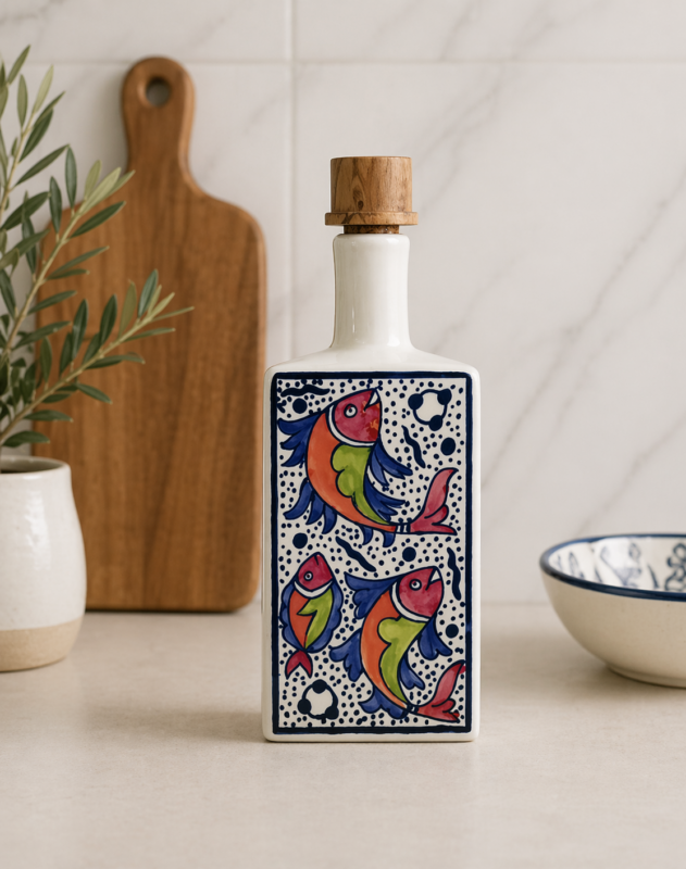Bouteille en céramique blanche peinte à la main avec motif poissons colorés, hauteur 22 cm, idéale pour huile ou vinaigre en cuisine.