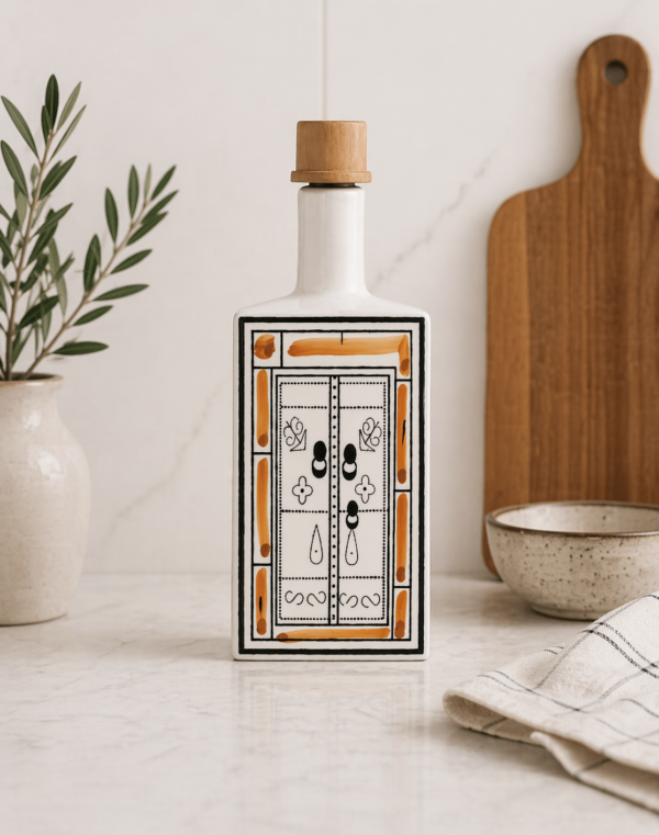Bouteille en céramique blanche peinte à la main avec motif porte traditionnelle tunisienne, idéale pour huile ou vinaigre, hauteur 22 cm.