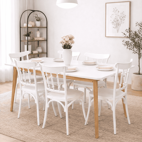 Salle à manger blanche moderne avec table rectangulaire et six chaises blanches, pieds bois naturel et décoration florale – Disponible en Tunisie.