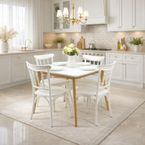 Salle à manger blanche avec table et quatre chaises en bois, installée dans une cuisine moderne lumineuse, décor élégante – Disponible en Tunisie.