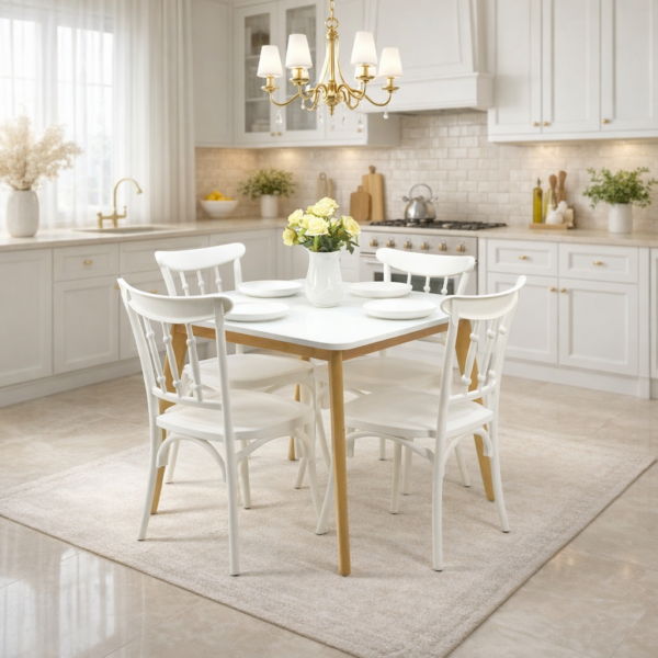 Salle à manger blanche avec table et quatre chaises en bois, installée dans une cuisine moderne lumineuse, décor élégante – Disponible en Tunisie.