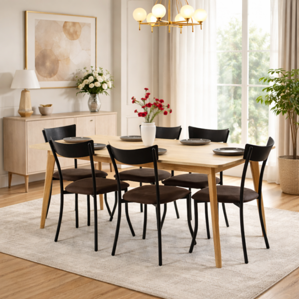 Salle à manger chic composée d’une table en bois naturel et de six chaises design noires, dans un décor élégant et lumineux au style contemporain.
