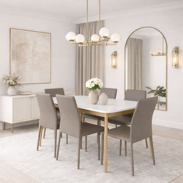 Table de salle à manger moderne blanche avec six chaises taupe, décor chic et élégant, vases décoratifs et éclairage raffiné