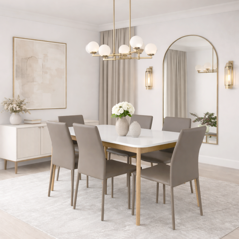 Table de salle à manger moderne blanche avec six chaises taupe, décor chic et élégant, vases décoratifs et éclairage raffiné