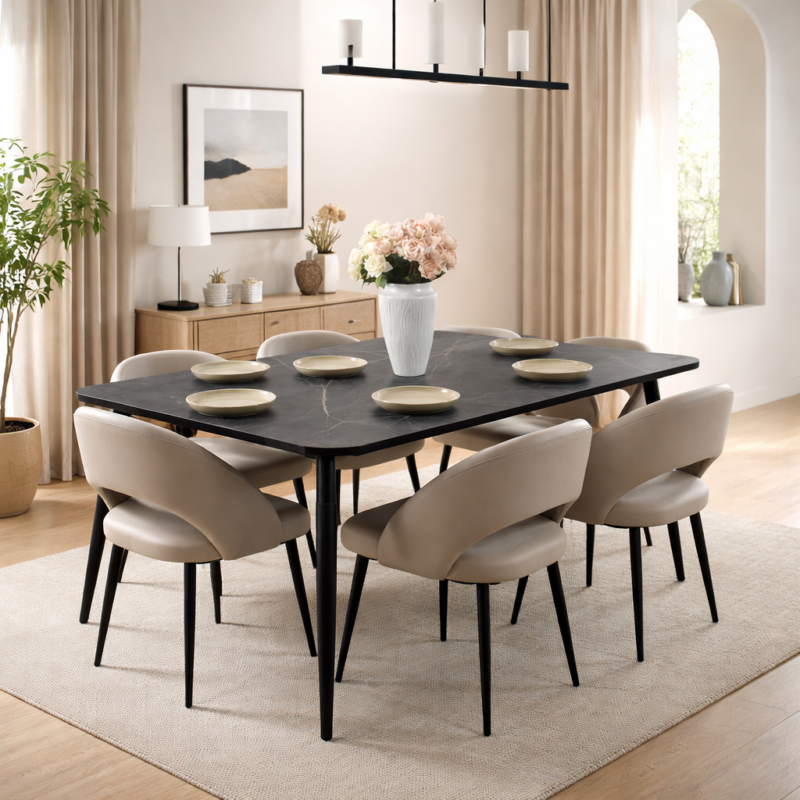 Salle à manger moderne et prestigieuse avec table rectangulaire effet marbre noir et six chaises beiges, intégrée dans un décor simple, lumineux et harmonieux.
