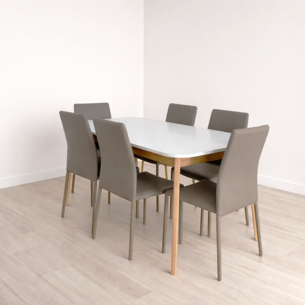 Table de salle à manger blanche moderne avec six chaises taupe, décor clair et épuré