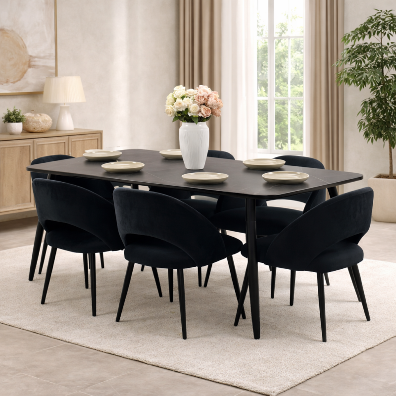 Salle à manger moderne composée d’une table rectangulaire noire et de six chaises noires élégantes, intégrée dans un décor intérieur lumineux, sobre et prestigieux.
