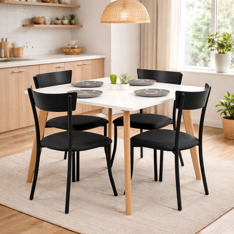 Salle à manger moderne intégrée dans une cuisine chaleureuse avec table carrée blanche, pieds en bois naturel et chaises noires design.