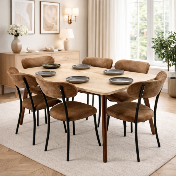 Salle à manger scandinave élégante avec table en bois naturel et six chaises marron en velours, intégrée dans un décor moderne et raffiné.