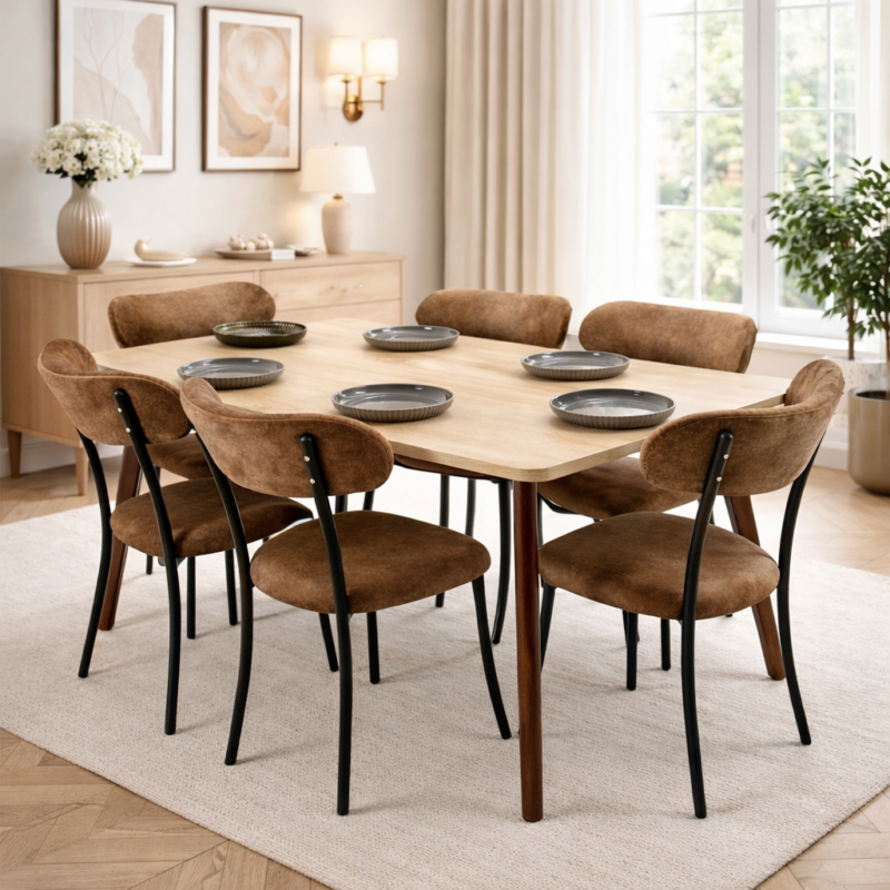 Salle à manger scandinave élégante avec table en bois naturel et six chaises marron en velours, intégrée dans un décor moderne et raffiné.