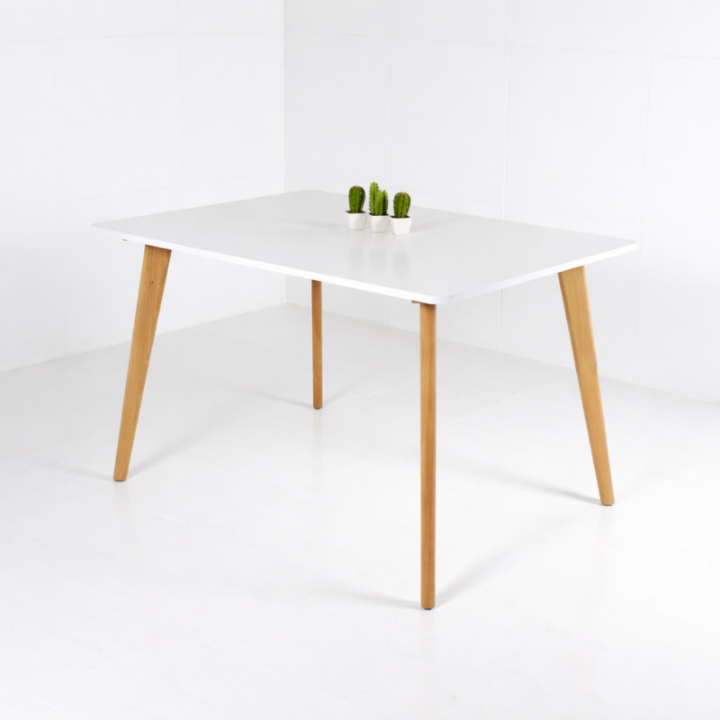 Table à manger rectangulaire blanche avec pieds en bois naturel sur fond blanc minimaliste
