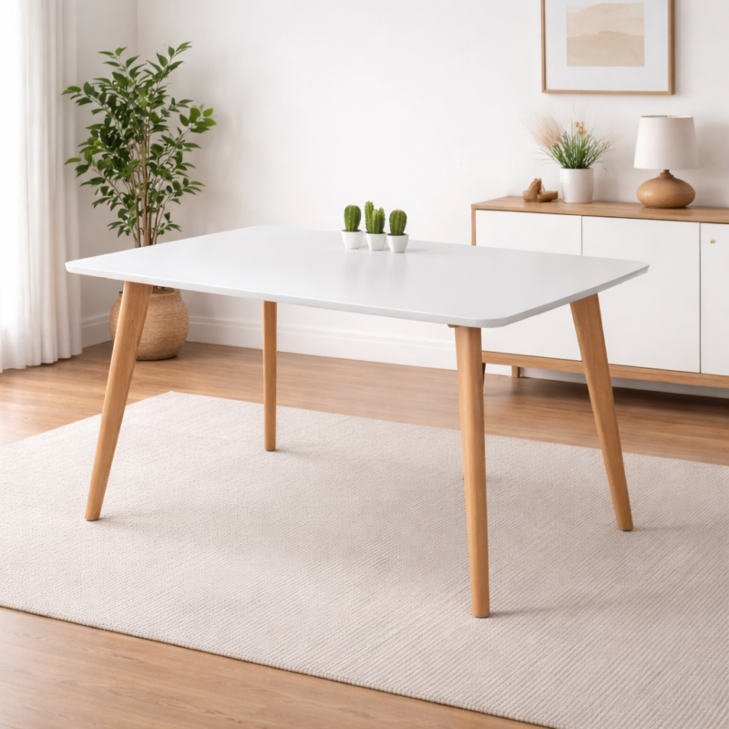 Table à manger rectangulaire blanche avec pieds en bois naturel intégrée dans un décor moderne et lumineux