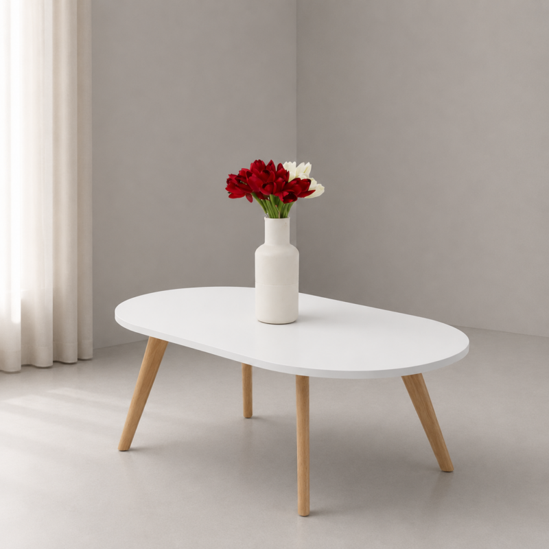 Table basse blanche design scandinave avec pieds en bois naturel, intégrée dans un salon moderne et lumineux.