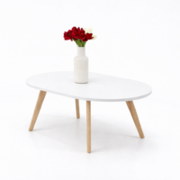 Table basse blanche design scandinave avec plateau ovale et pieds en bois naturel, idéale pour salon moderne et minimaliste.