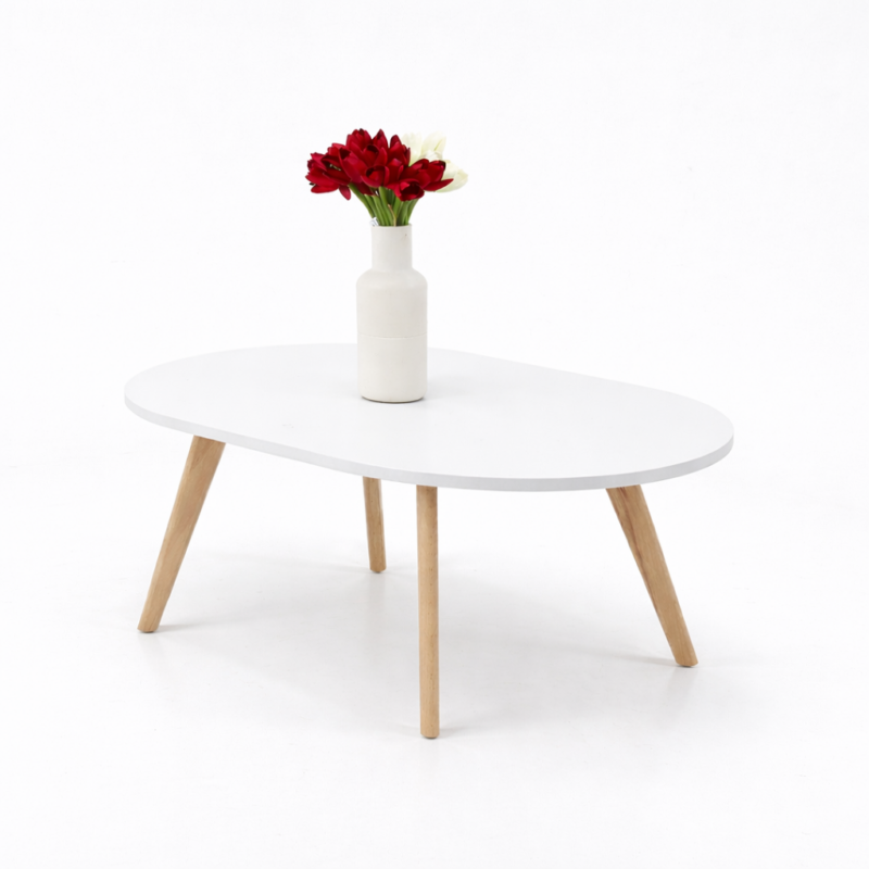Table basse blanche design scandinave avec plateau ovale et pieds en bois naturel, idéale pour salon moderne et minimaliste.