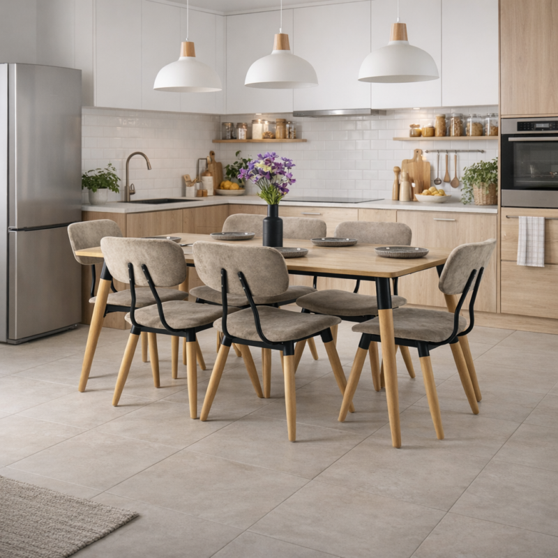 Ensemble salle à manger 6 personnes installé dans une cuisine ouverte moderne : table rectangulaire plateau bois clair avec pieds hêtre naturel et cadre noir, entourée de 6 chaises rembourrées velours taupe, sous trois suspensions blanches, carrelage gris clair et meubles de cuisine en bois et blanc.