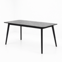 Table à manger rectangulaire moderne plateau noir effet marbre avec pieds métalliques noirs design contemporain