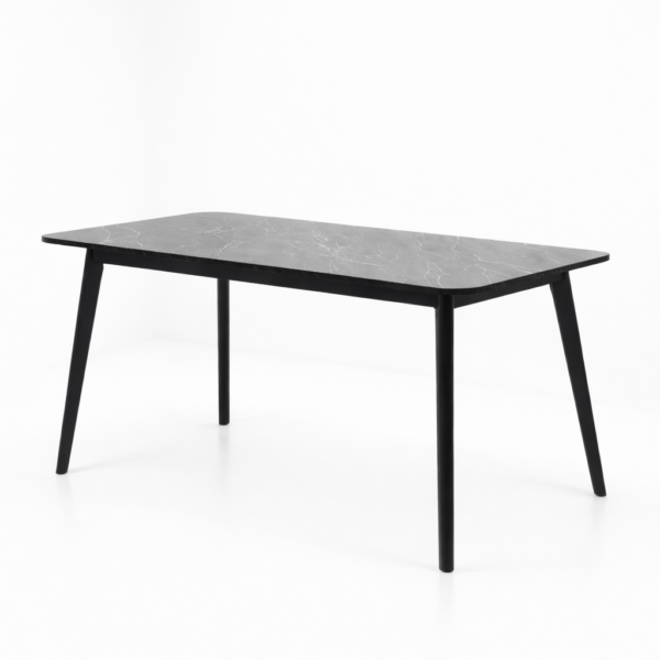 Table à manger rectangulaire moderne plateau noir effet marbre avec pieds métalliques noirs design contemporain