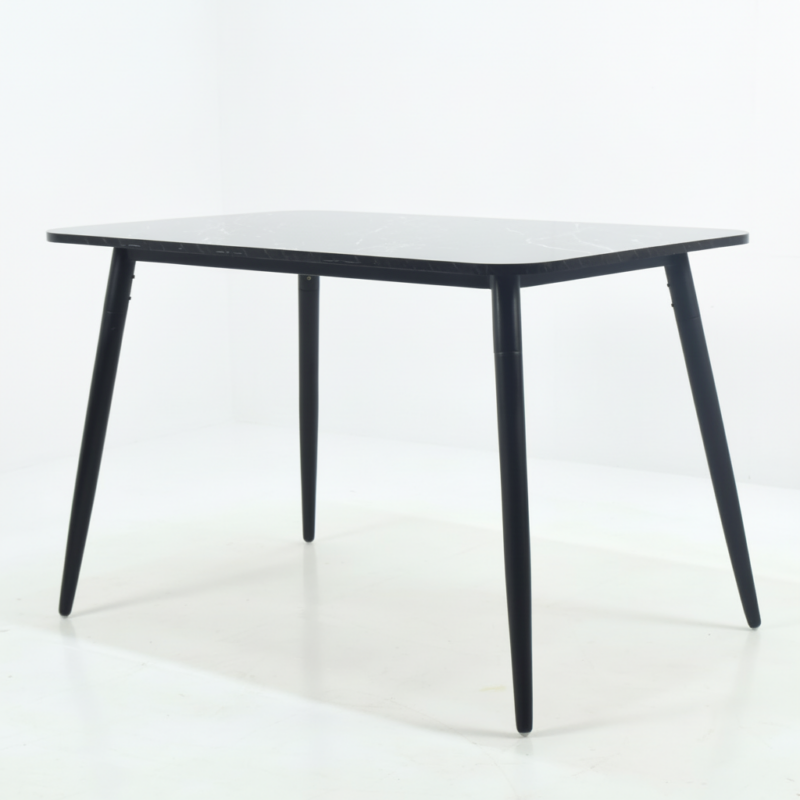 Table à manger rectangulaire moderne avec plateau noir effet marbre et pieds noirs design contemporain