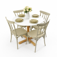 Table à manger ronde blanche avec pieds en bois et quatre chaises beiges, dressée avec vaisselle et vase de fleurs sur fond blanc
