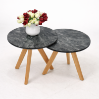 Deux tables basses gigognes rondes effet marbre noir avec pieds en bois et vase décoratif de fleurs