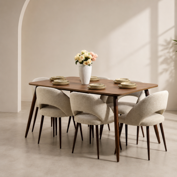 Salle à manger contemporaine avec table en bois foncé et 6 chaises bouclées beige dans un décor moderne et lumineux.