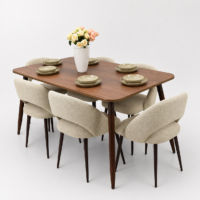 Table à manger moderne en bois foncé accompagnée de 6 chaises bouclées crème dans un style contemporain élégant.