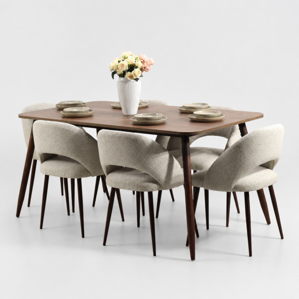 Table à manger moderne en bois foncé accompagnée de 6 chaises bouclées crème dans un style contemporain élégant.
