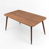 Table à manger rectangulaire en bois avec pieds inclinés style scandinave sur fond blanc épuré.