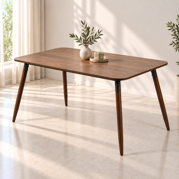 Table à manger moderne en bois avec décoration minimaliste dans un intérieur lumineux et épuré.