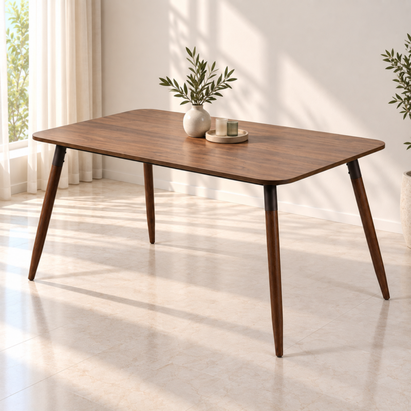 Table à manger moderne en bois avec décoration minimaliste dans un intérieur lumineux et épuré.