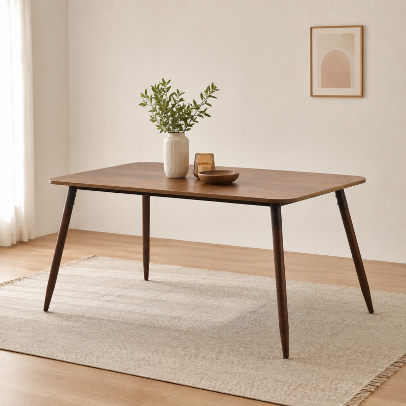 Table à manger moderne en bois avec décoration minimaliste dans un intérieur lumineux et épuré.