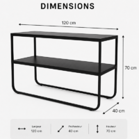 Console moderne noire à deux niveaux avec structure en métal, idéale pour une entrée, un salon ou un espace de rangement contemporain.