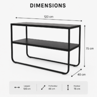 Console moderne noire à deux niveaux avec structure en métal, idéale pour une entrée, un salon ou un espace de rangement contemporain.