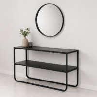 Console d'entrée en métal noir avec deux niveaux de rangement et miroir rond assorti, idéale pour une entrée, un salon ou un couloir au style moderne.