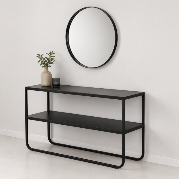 Console d'entrée en métal noir avec deux niveaux de rangement et miroir rond assorti, idéale pour une entrée, un salon ou un couloir au style moderne.