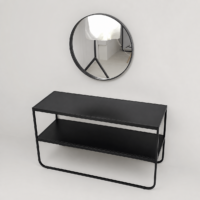 Console d'entrée en métal noir avec deux niveaux de rangement et miroir rond assorti, idéale pour une entrée, un salon ou un couloir au style moderne.