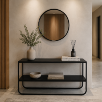 Console d'entrée en métal noir avec deux niveaux de rangement et miroir rond assorti, idéale pour une entrée, un salon ou un couloir au style moderne.