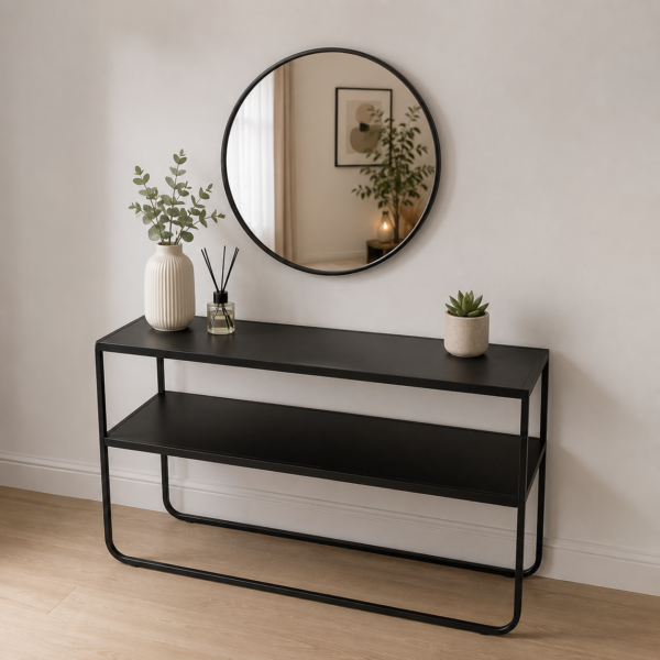 Console d'entrée en métal noir avec deux niveaux de rangement et miroir rond assorti, idéale pour une entrée, un salon ou un couloir au style moderne.