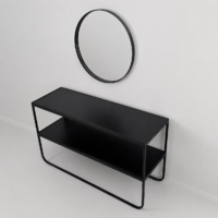 Console d'entrée en métal noir avec deux niveaux de rangement et miroir rond assorti, idéale pour une entrée, un salon ou un couloir au style moderne.