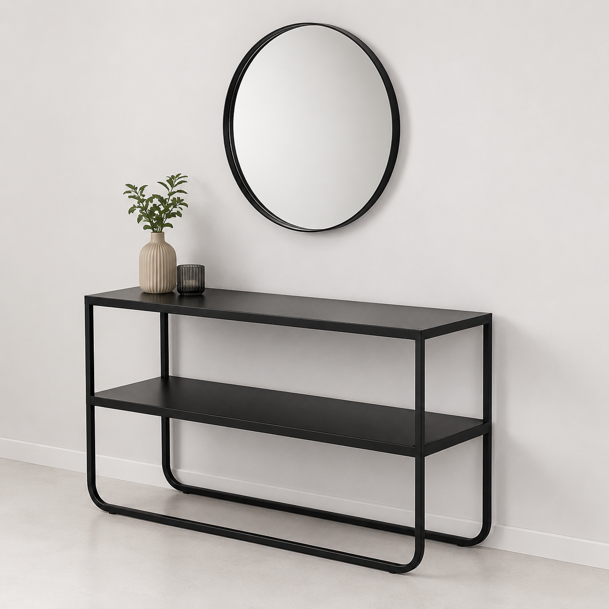 Console d'Entrée Métal Noir avec Miroir Rond Console d'entrée en métal noir avec deux niveaux de rangement et miroir rond assorti, idéale pour une entrée, un salon ou un couloir au style moderne.