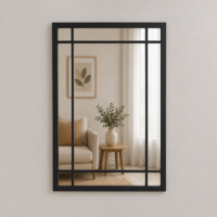 Miroir mural rectangulaire avec cadre noir à carreaux de style industriel, idéal pour le salon, l'entrée, la chambre ou le bureau.