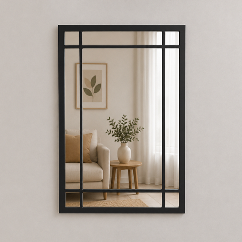 Miroir mural rectangulaire avec cadre noir à carreaux de style industriel, idéal pour le salon, l'entrée, la chambre ou le bureau.