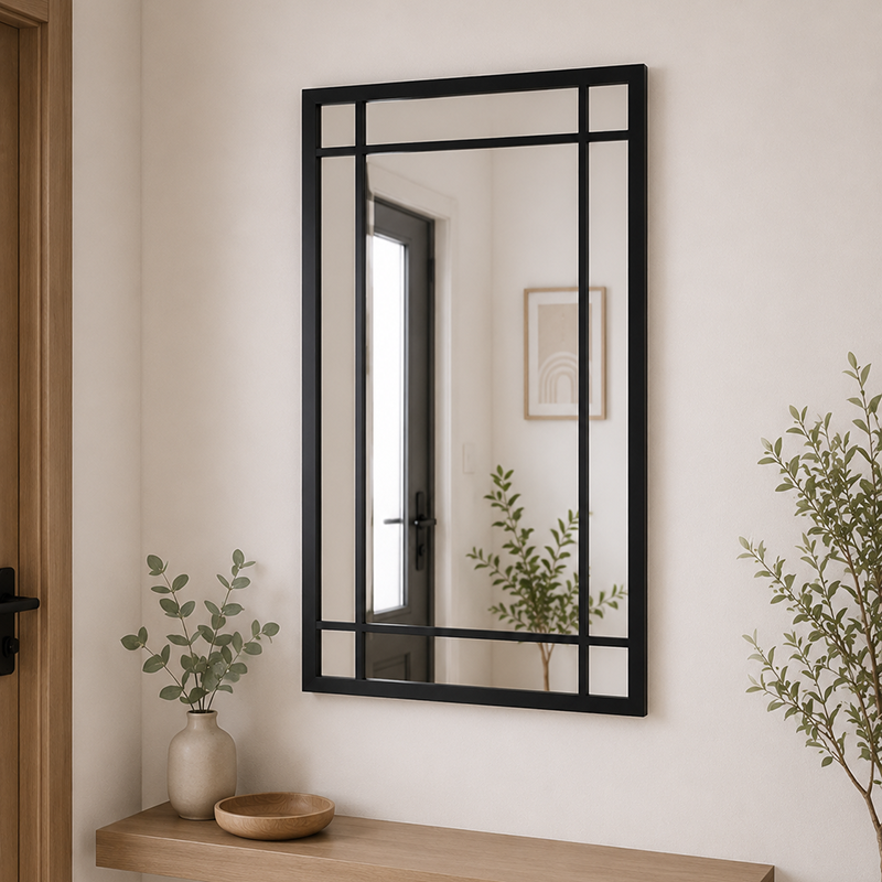 Miroir mural rectangulaire avec cadre noir à carreaux de style industriel, idéal pour le salon, l'entrée, la chambre ou le bureau.